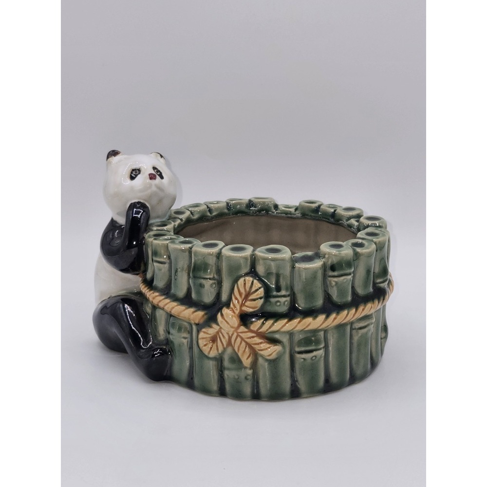 Vintage Panda Bamboo Planter Ceramic Cachepot Jungle Animal Pot Holder
